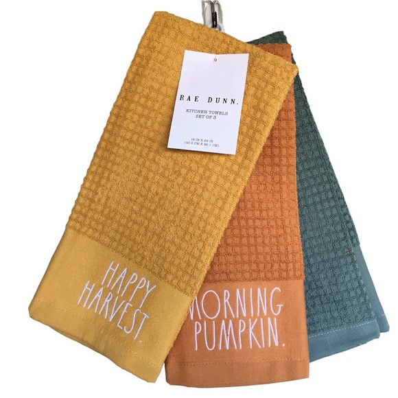 Rae Dunn Set 3 Kitchen Towels Fall Happy Harvest Morning Pumpkin Sweater Weather